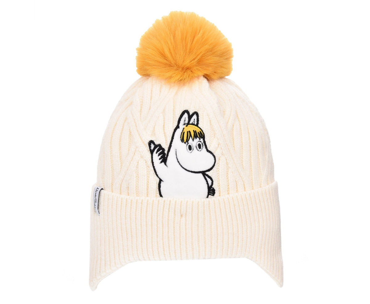 1. Kids' white Snorkmaiden winter beanie by Moomin with yellow pom-pom and character embroidery, studio shot