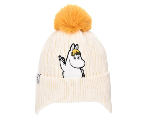 1. Kids' white Snorkmaiden winter beanie by Moomin with yellow pom-pom and character embroidery, studio shot