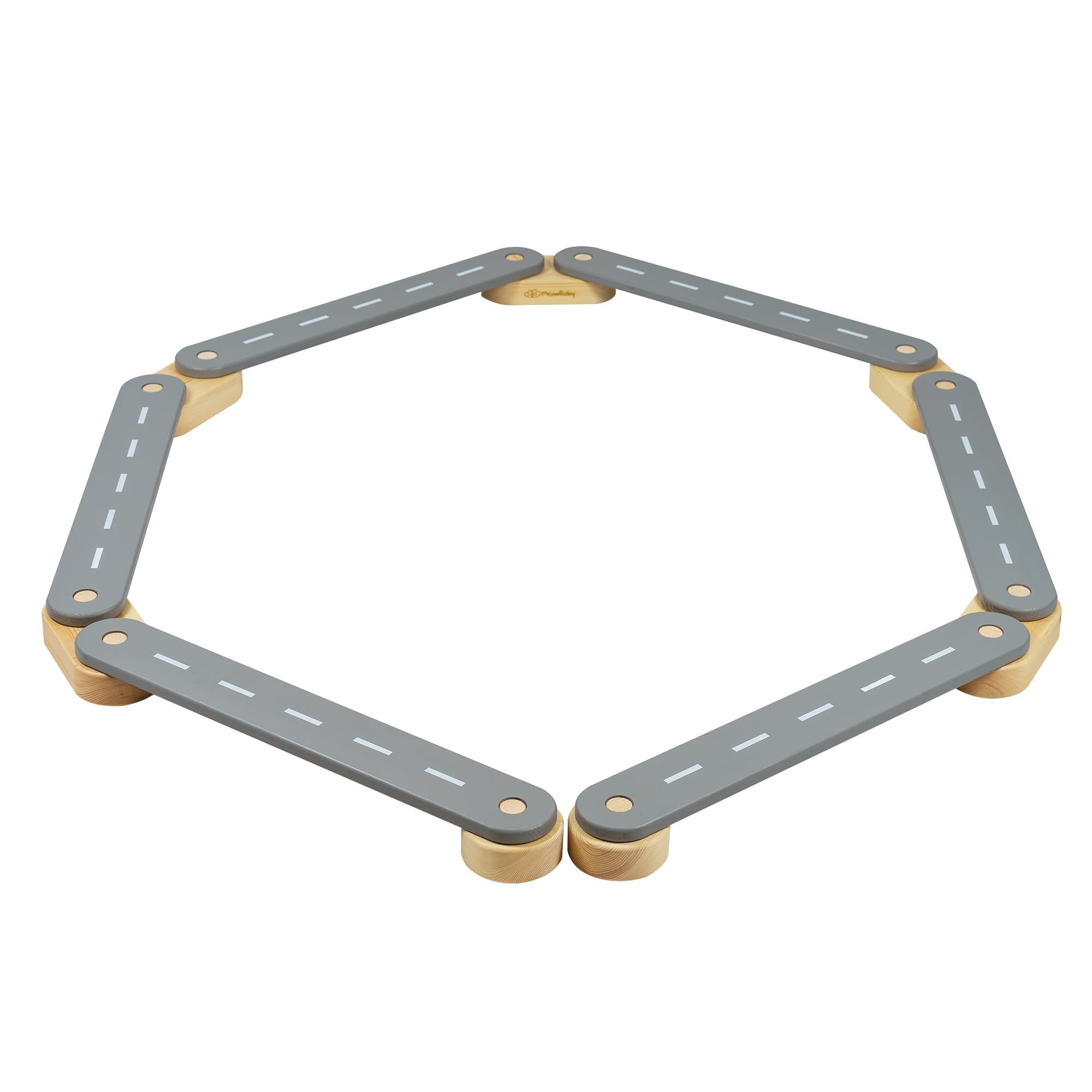 4. Wooden balance beam with grey road design arranged in a hexagon