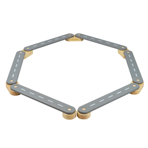 4. Wooden balance beam with grey road design arranged in a hexagon