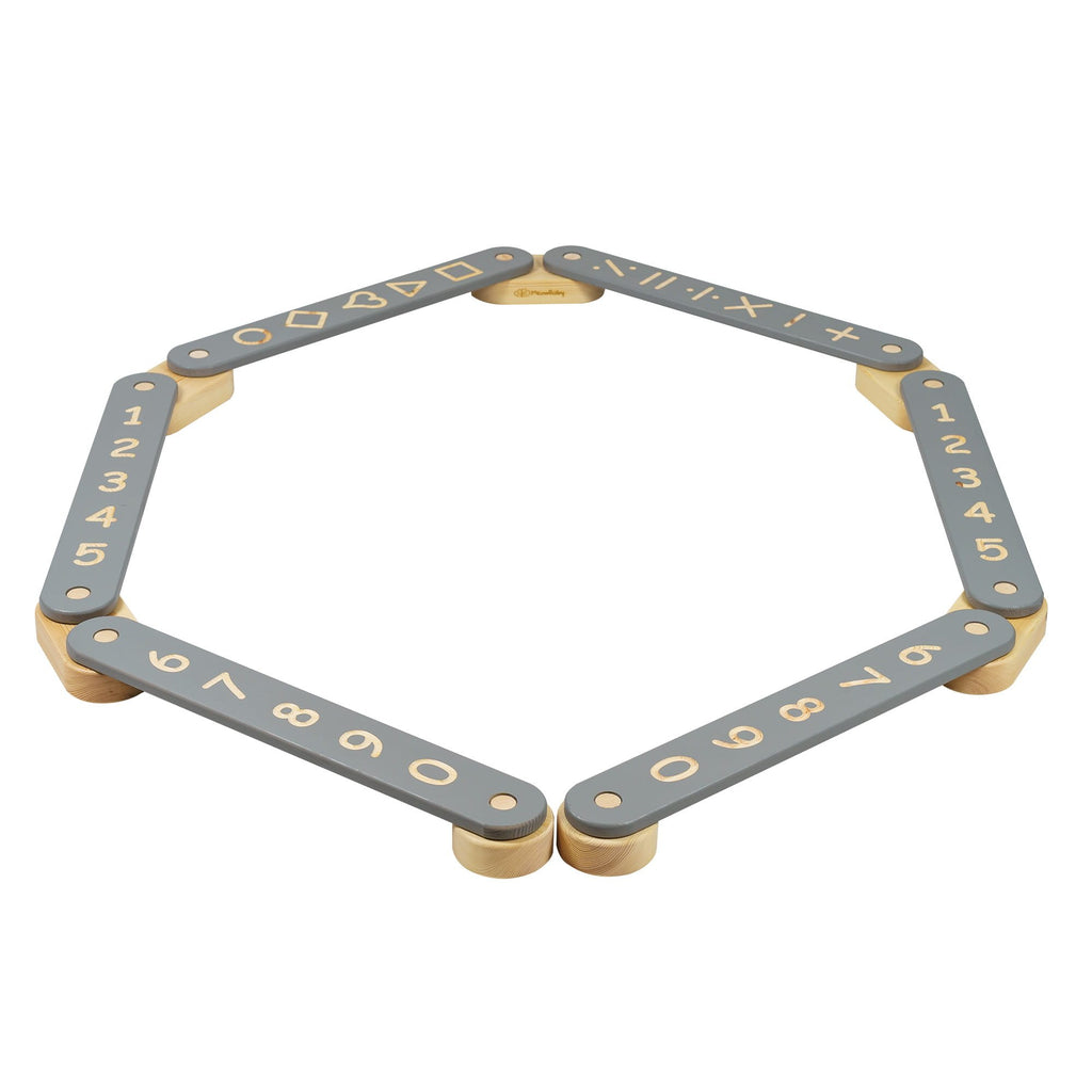 3. Wooden balance beam with grey elements featuring numbers and geometric figures arranged in a hexagon