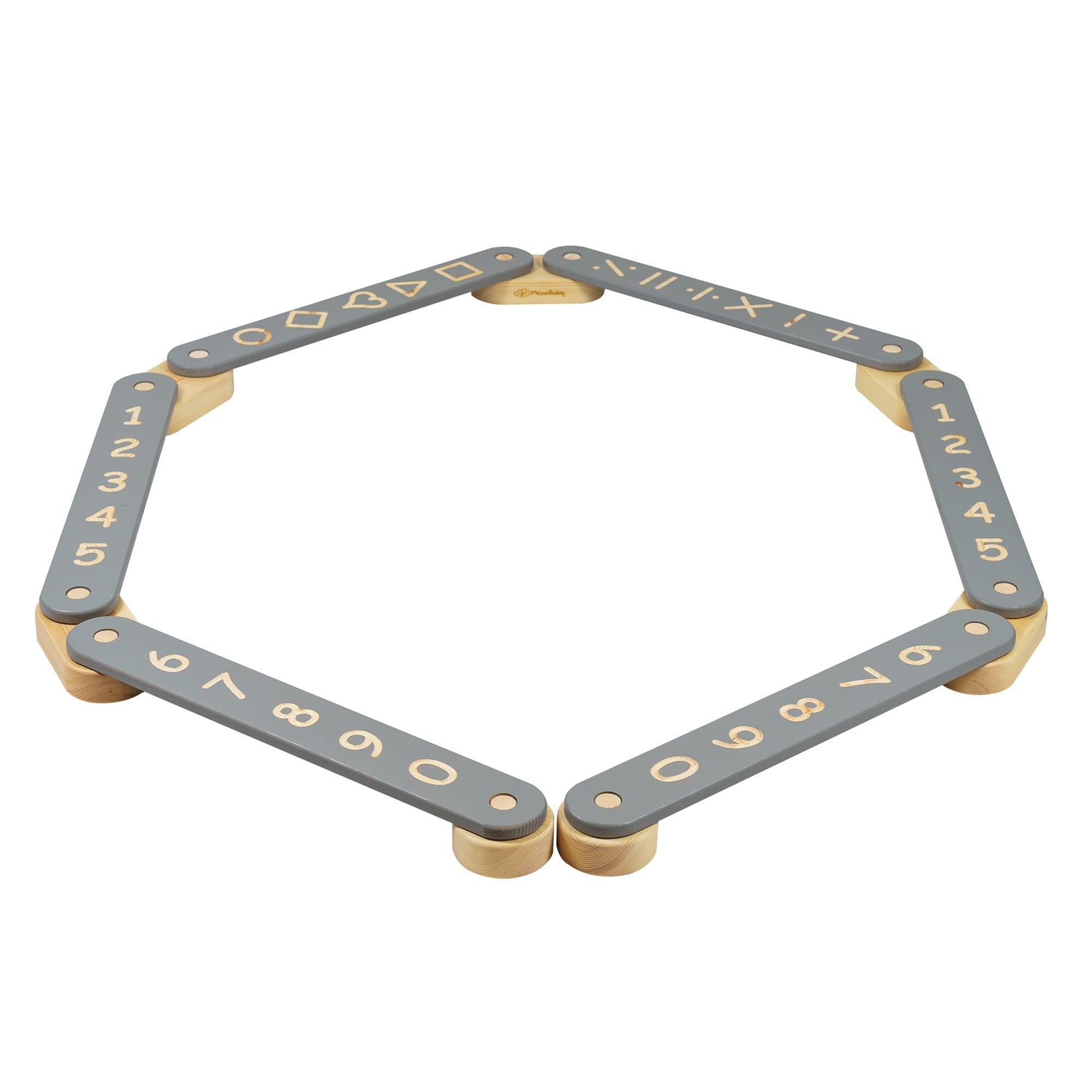 3. Wooden balance beam with grey elements featuring numbers and geometric figures arranged in a hexagon