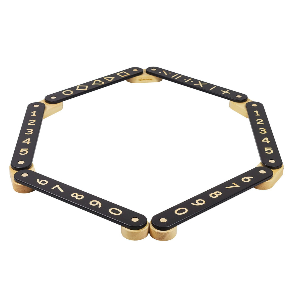 5. Wooden balance beam with black elements featuring numbers and geometric figures arranged in a hexagon