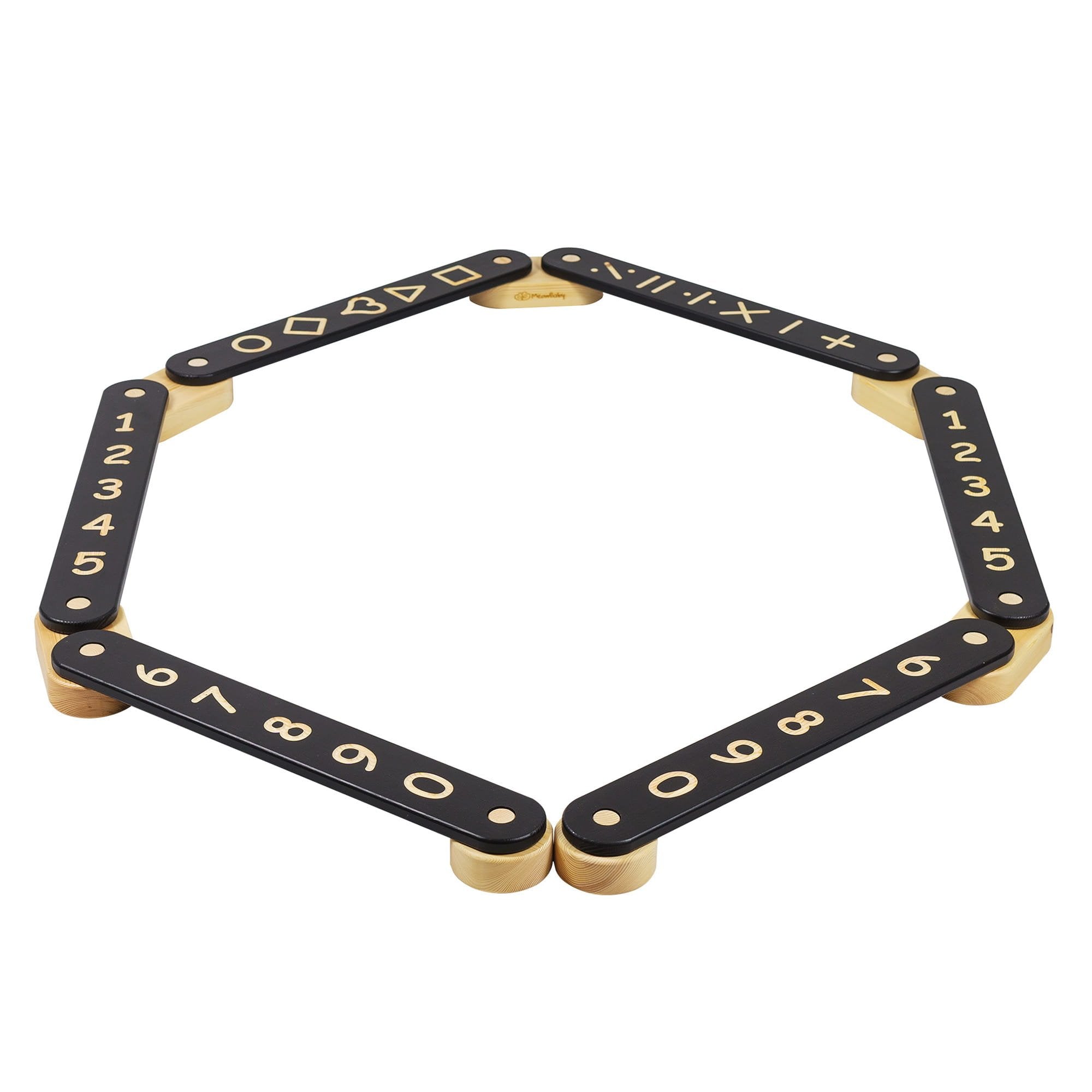 5. Wooden balance beam with black elements featuring numbers and geometric figures arranged in a hexagon