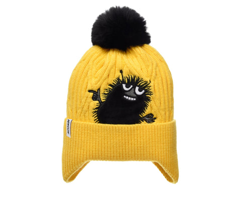 3. Studio image of yellow Stinky Winter Beanie for kids by Moomin, with black pom-pom and embroidered character