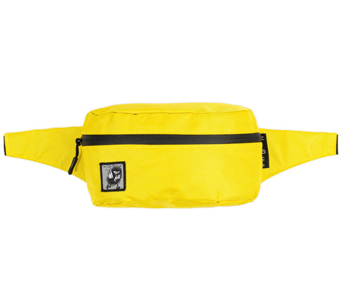 2. Yellow waist bag with black zipper and Stinky character patch, made of 100% polyester, shown on white background