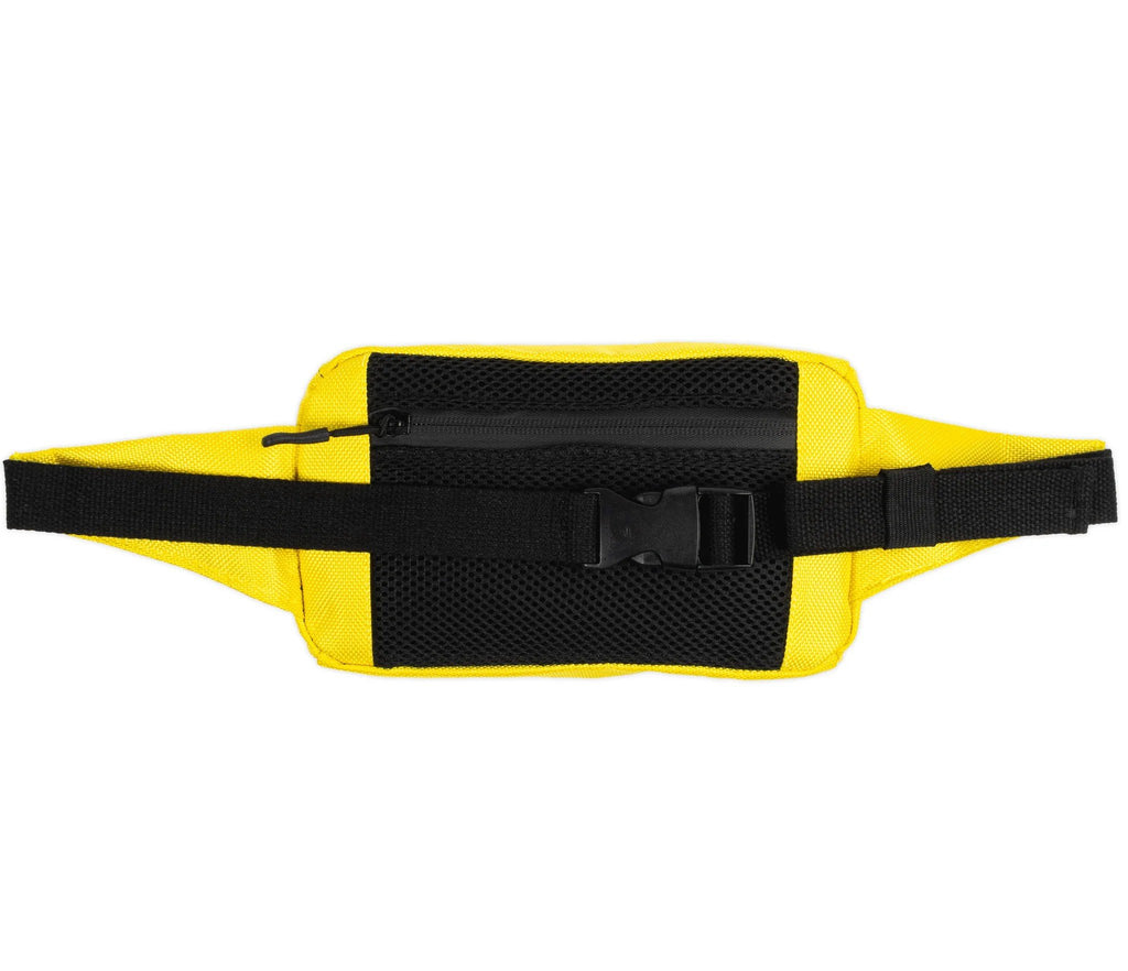 4. Back view of yellow waist bag with black adjustable strap and mesh padding