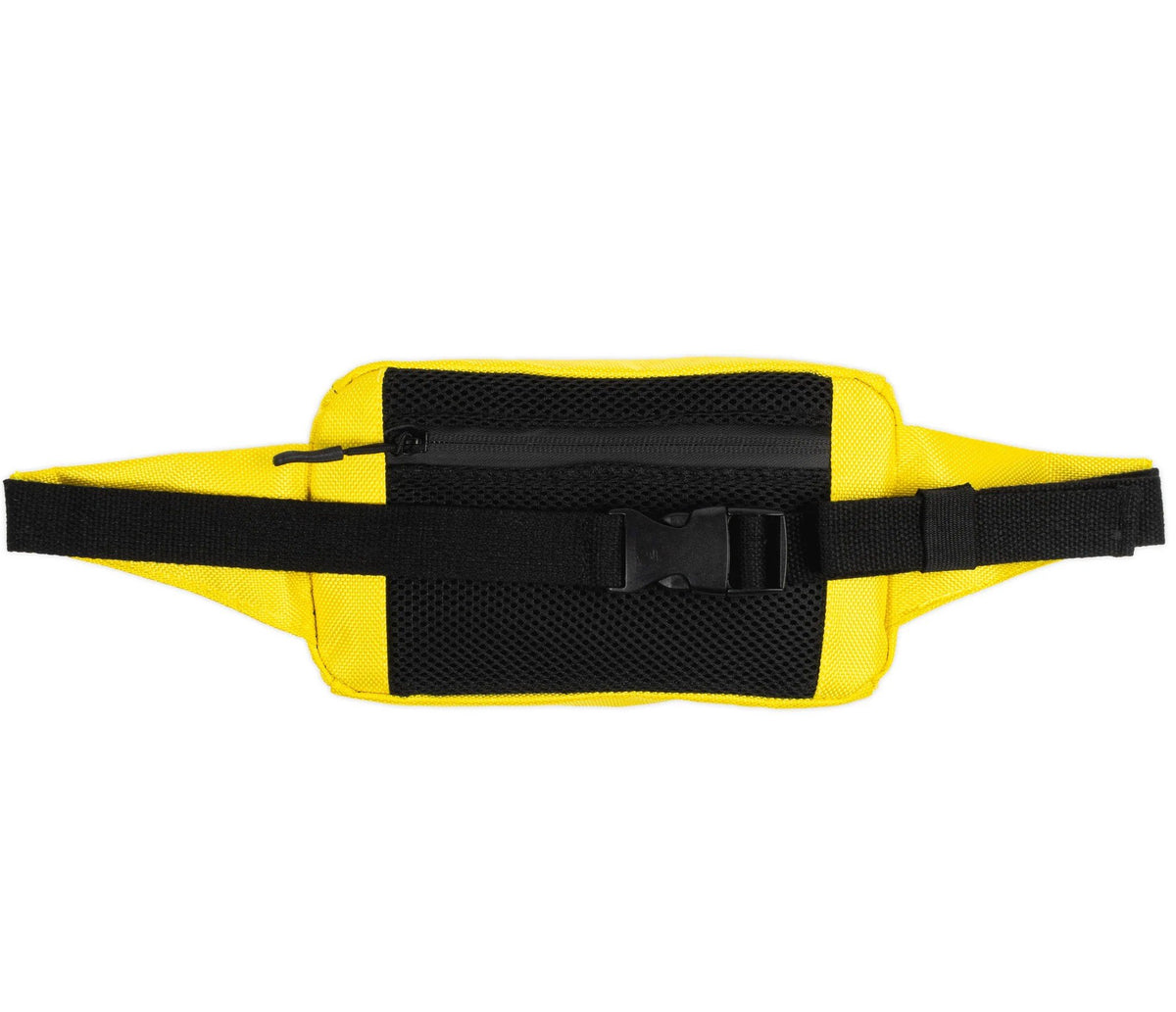 4. Back view of yellow waist bag with black adjustable strap and mesh padding