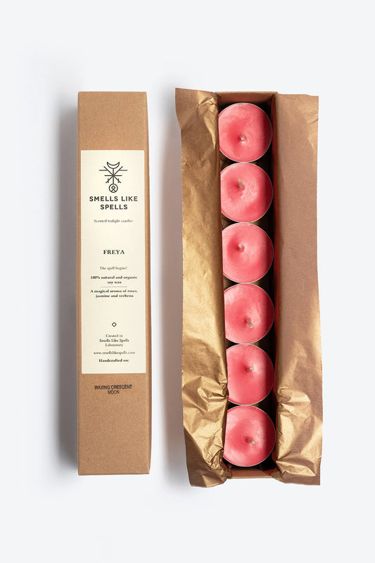 2. Set of 6 Smells Like Spells FREYA scented tealight candles in open packaging