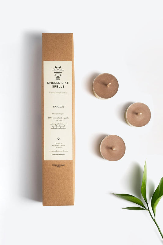 2. Smells Like Spells FRIGGA tealight candles with packaging and three candles, perfect for home harmony