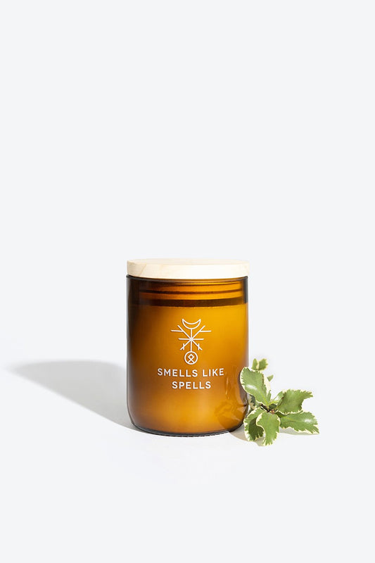 1. Smells Like Spells MIMIR scented candle in amber glass jar with wooden lid, shown with green leaves