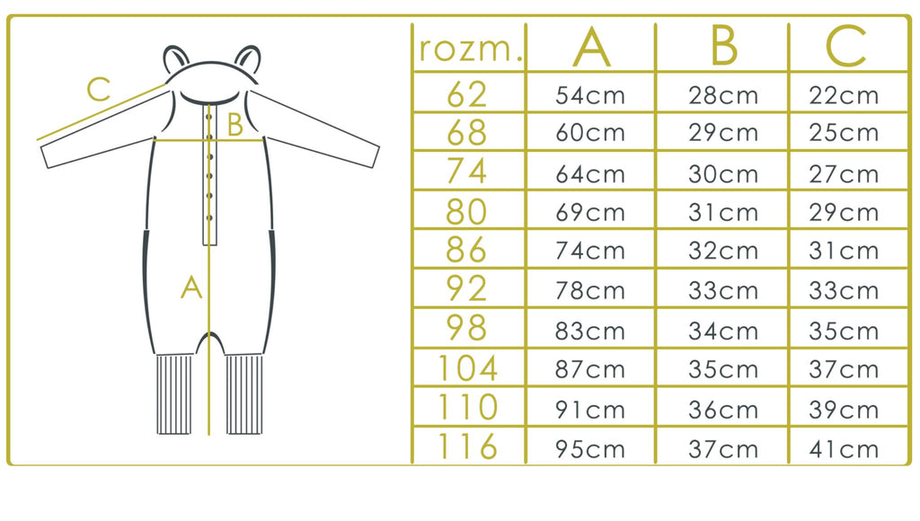 5. Size chart for eared jumpsuit showing measurements in centimeters for various sizes