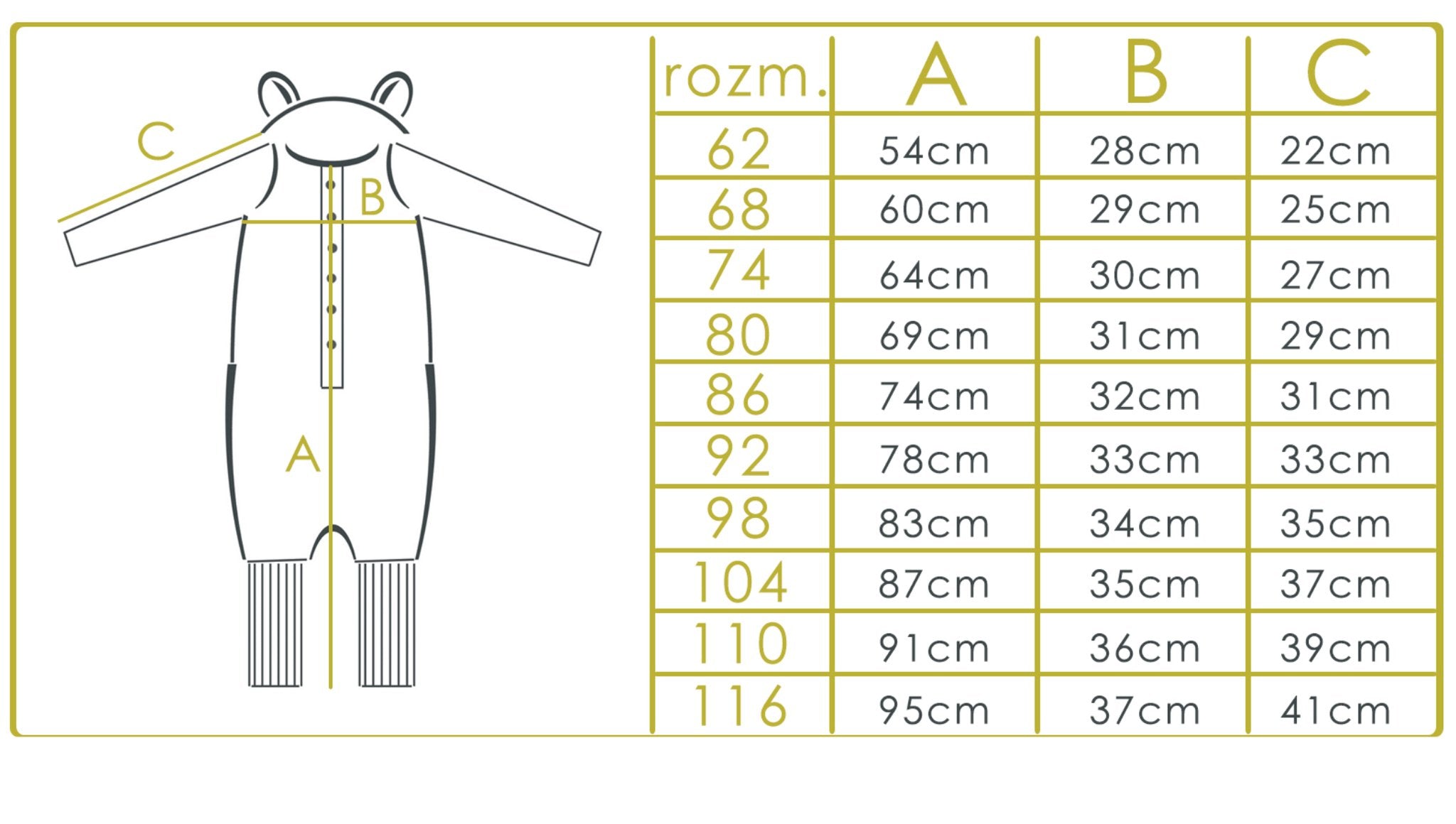 5. Size chart for children's winter jumpsuit showing measurements in centimeters