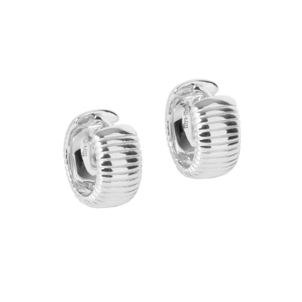 1. Pair of small silver hoop earrings with fine pattern line, made of 925 silver with rhodium plating, by MyaMoon, shown on a white background