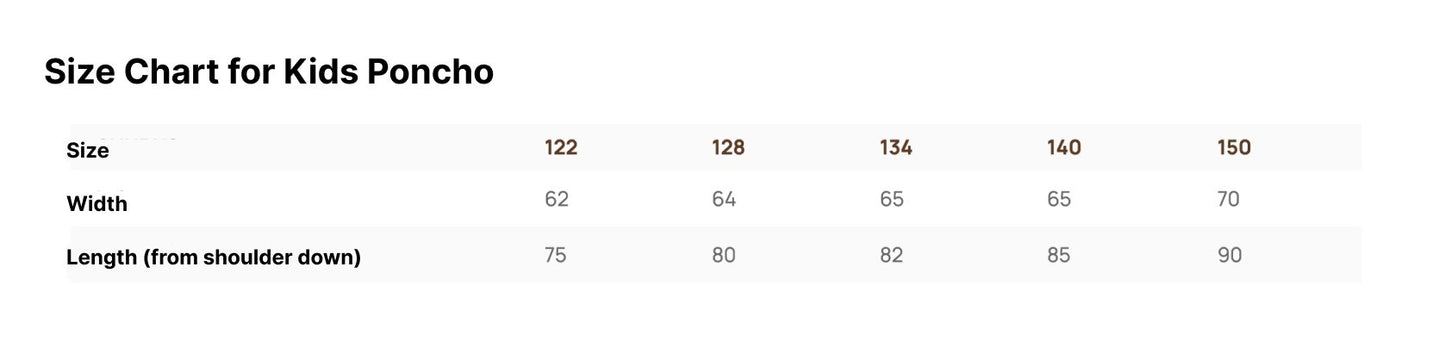 5. Size chart for RÄTT Short-Sleeve Poncho PANDA, showing measurements for sizes 122-150