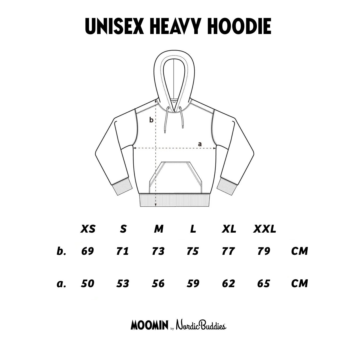 8. Size chart for unisex heavy hoodie by Moomin NordicBuddies, showing measurements in cm