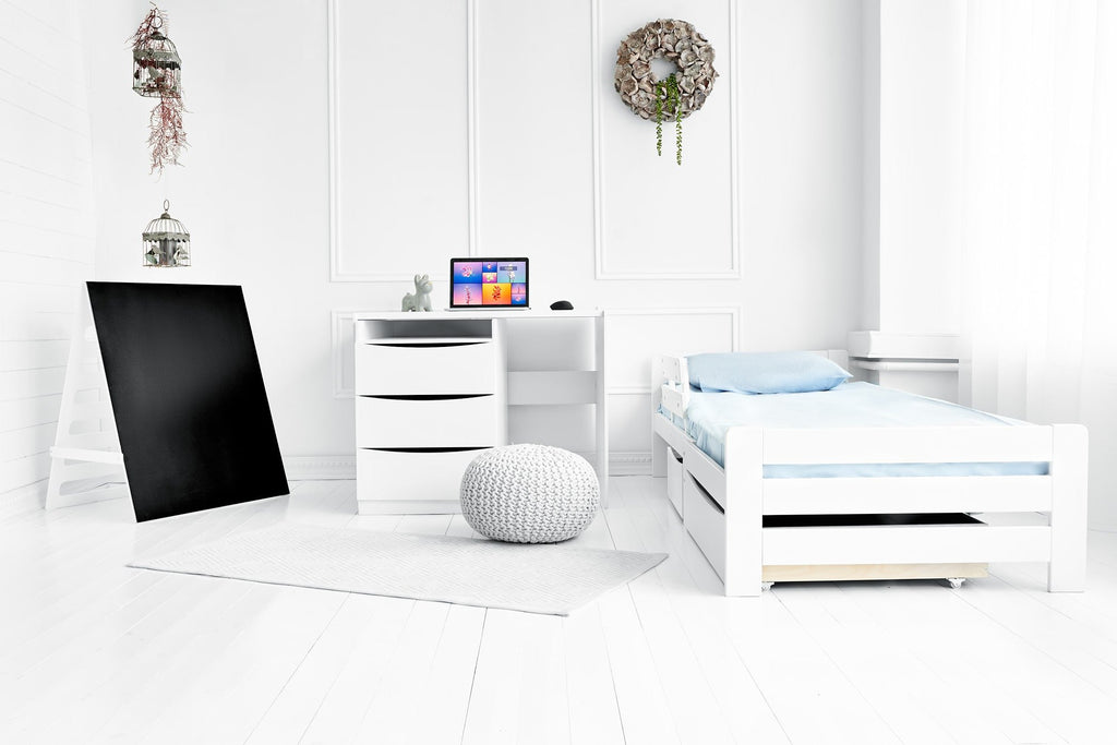 7. White children's bedroom set with bed, desk, and blackboard in bright room
