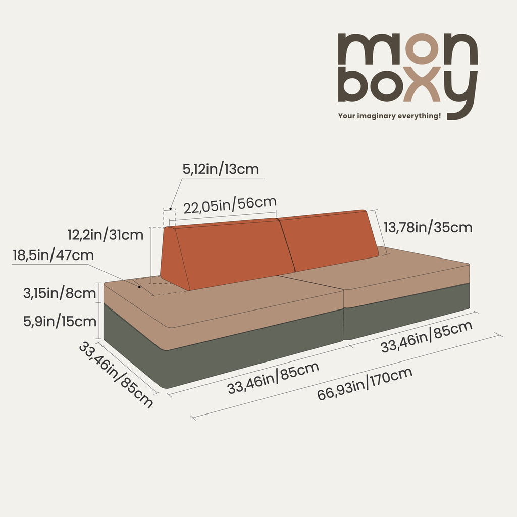 9. Size chart for Monboxy play mattress set with dimensions in centimeters