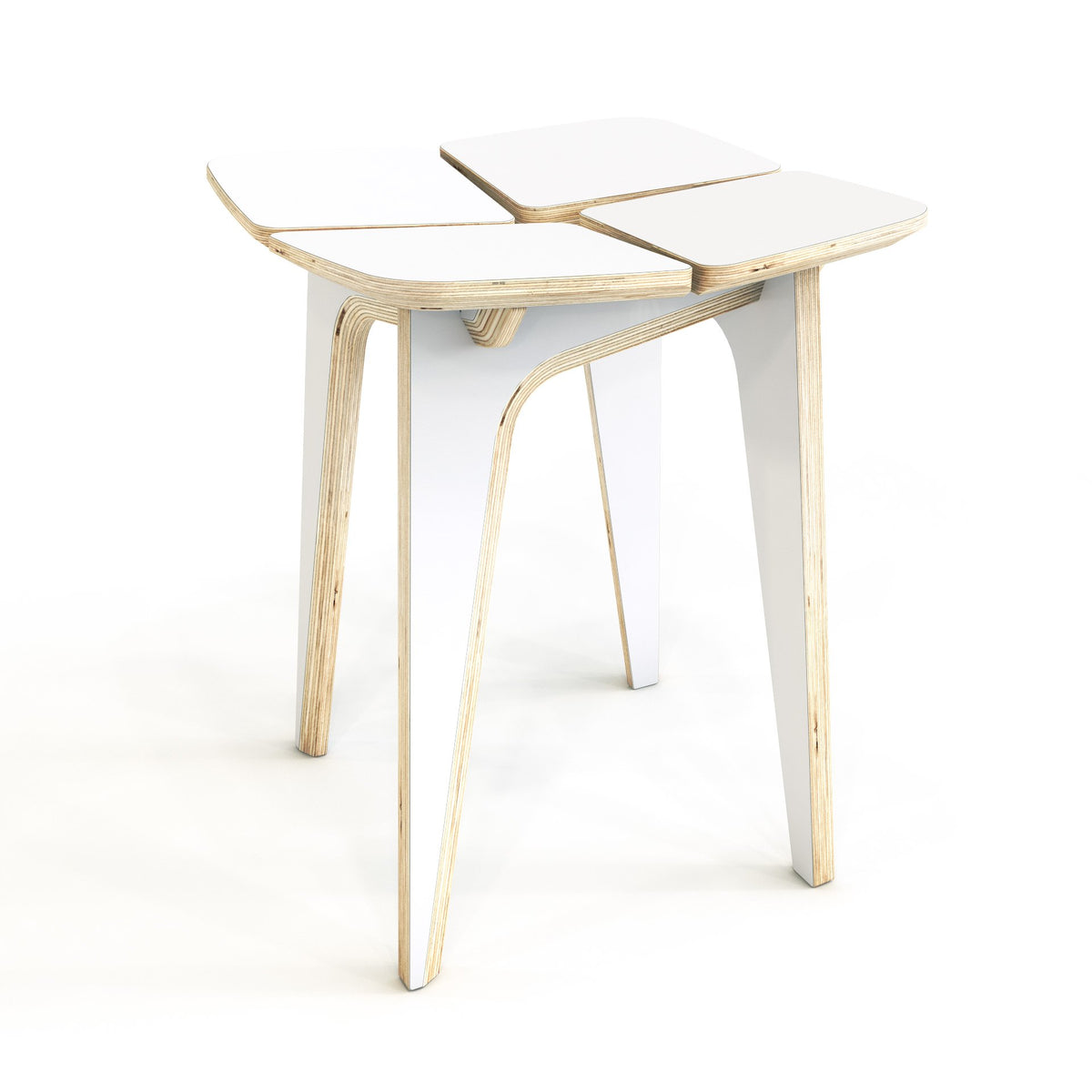 3. Side angle of Woodpecker white wooden stool highlighting smooth edges and laminated plywood