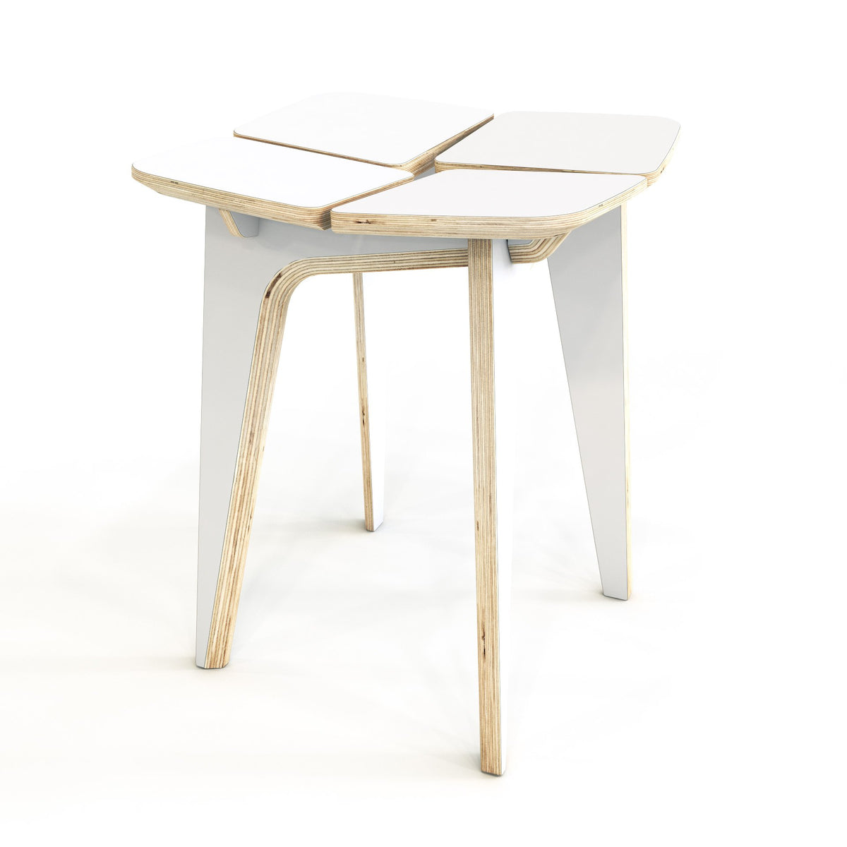 1. Woodpecker white wooden stool with laminated plywood legs in a studio setting