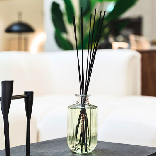 1. Luxurious Candledust Breeze room diffuser with black fiber sticks in modern living room setting