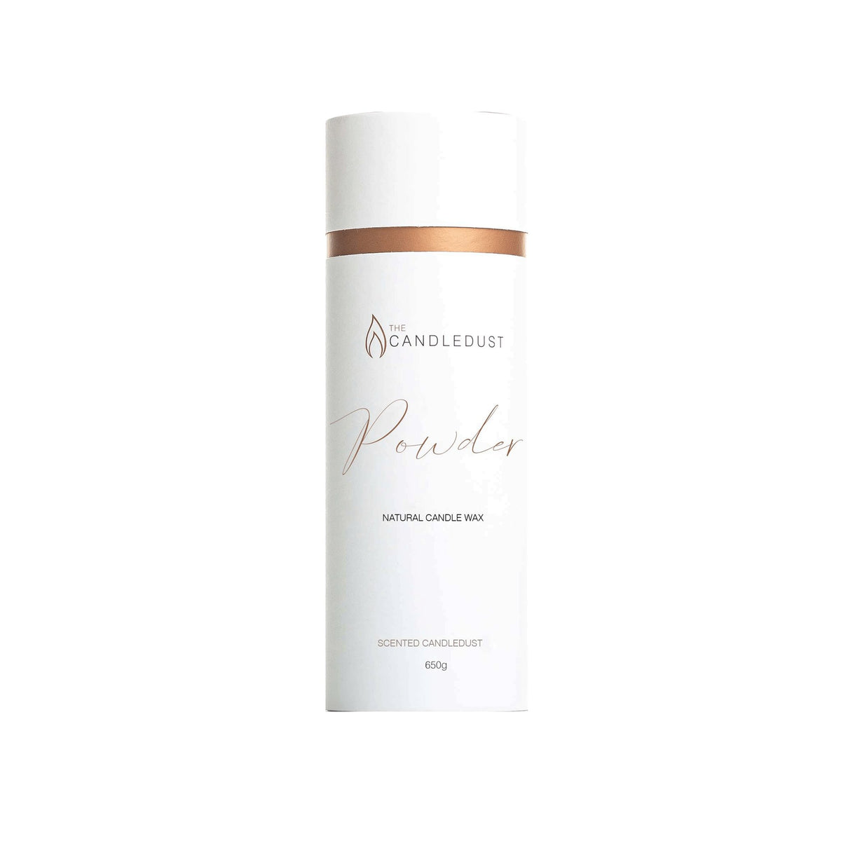 1. Candledust powdered candle in sleek white packaging with copper accent, shown in studio setting
