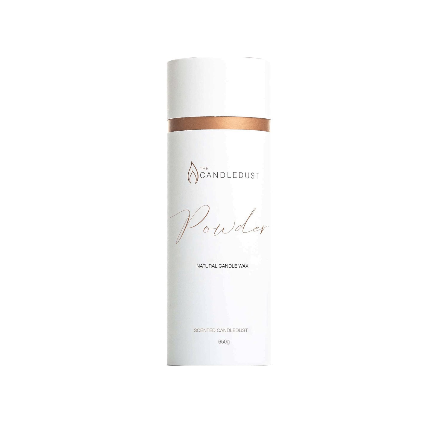 1. Candledust powdered candle in sleek white packaging with copper accent, shown in studio setting