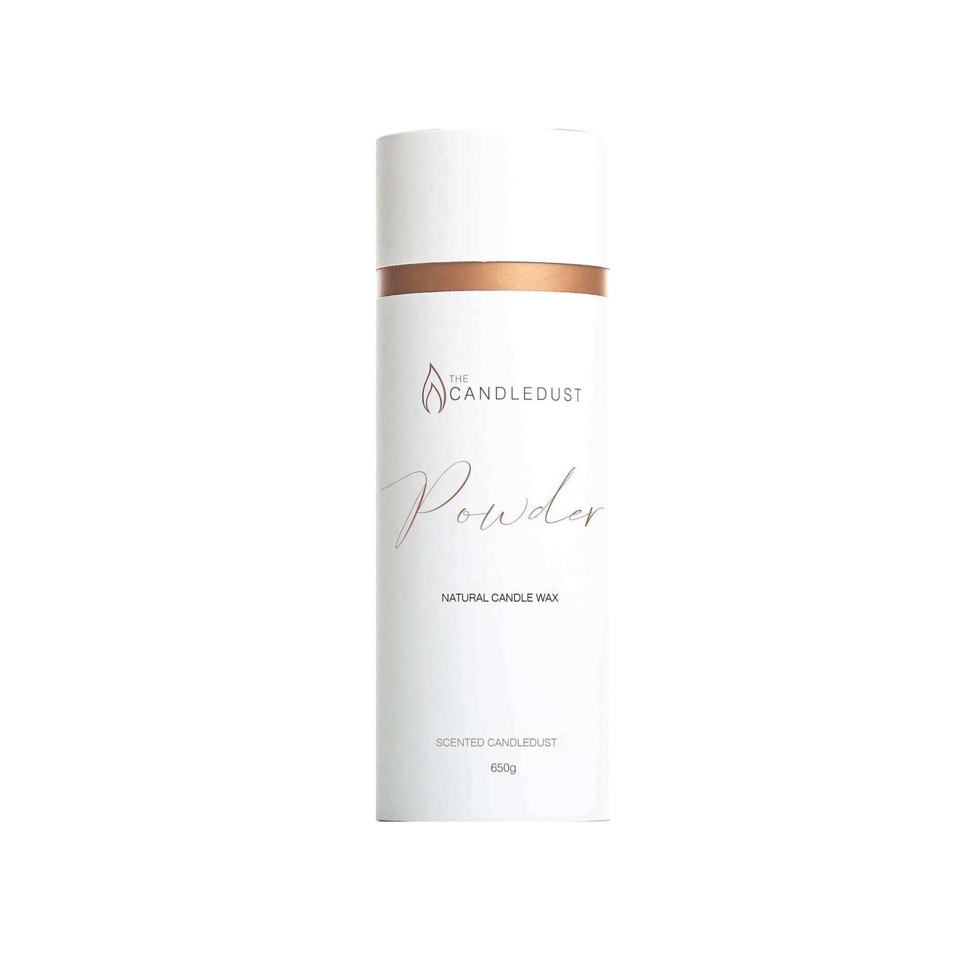 1. Candledust powdered candle in sleek white packaging with copper accent, shown in studio setting