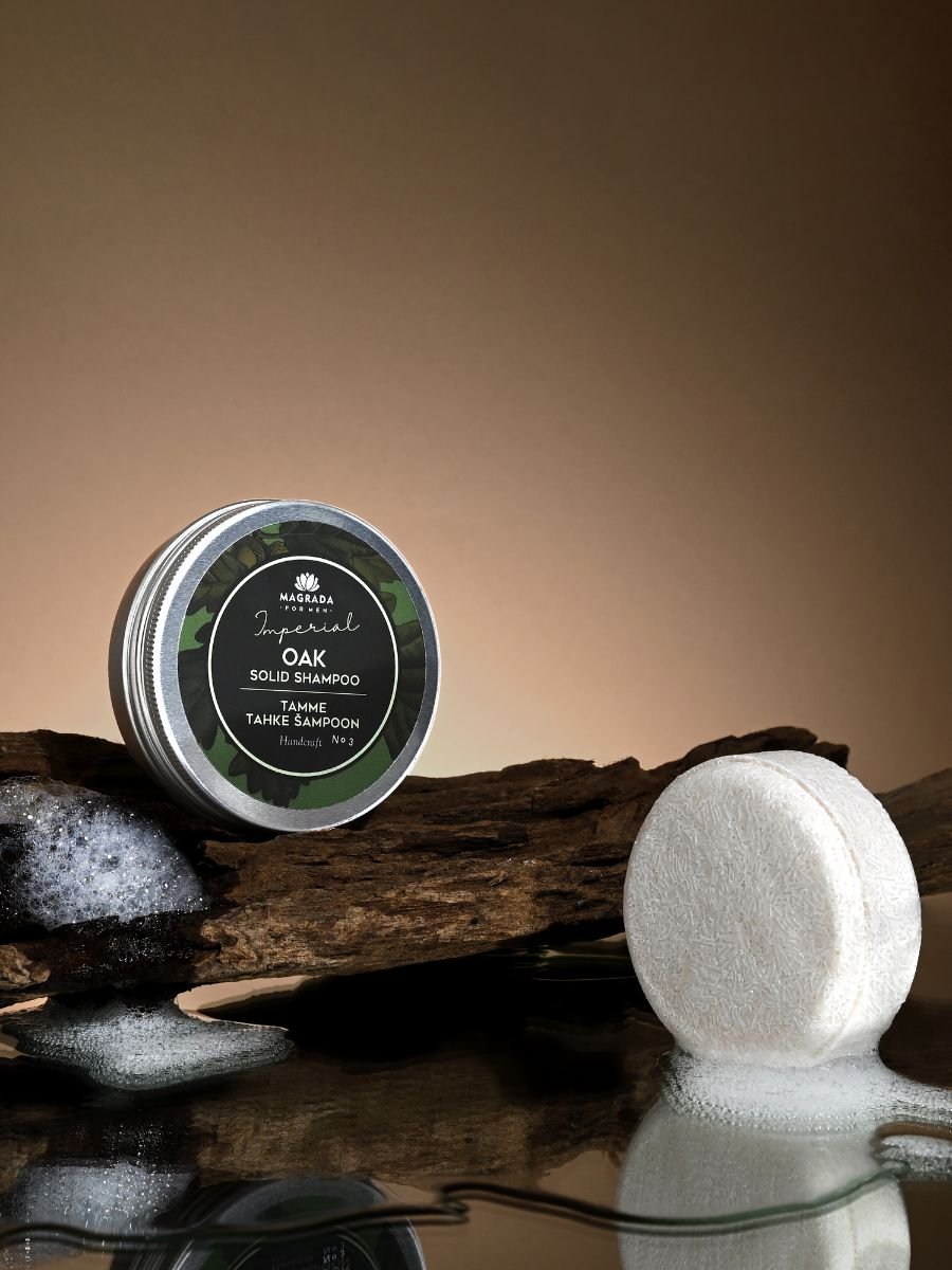 3. Magrada Solid Oak Shampoo 'Imperial' for men with matching liquid shampoo bottles on stone