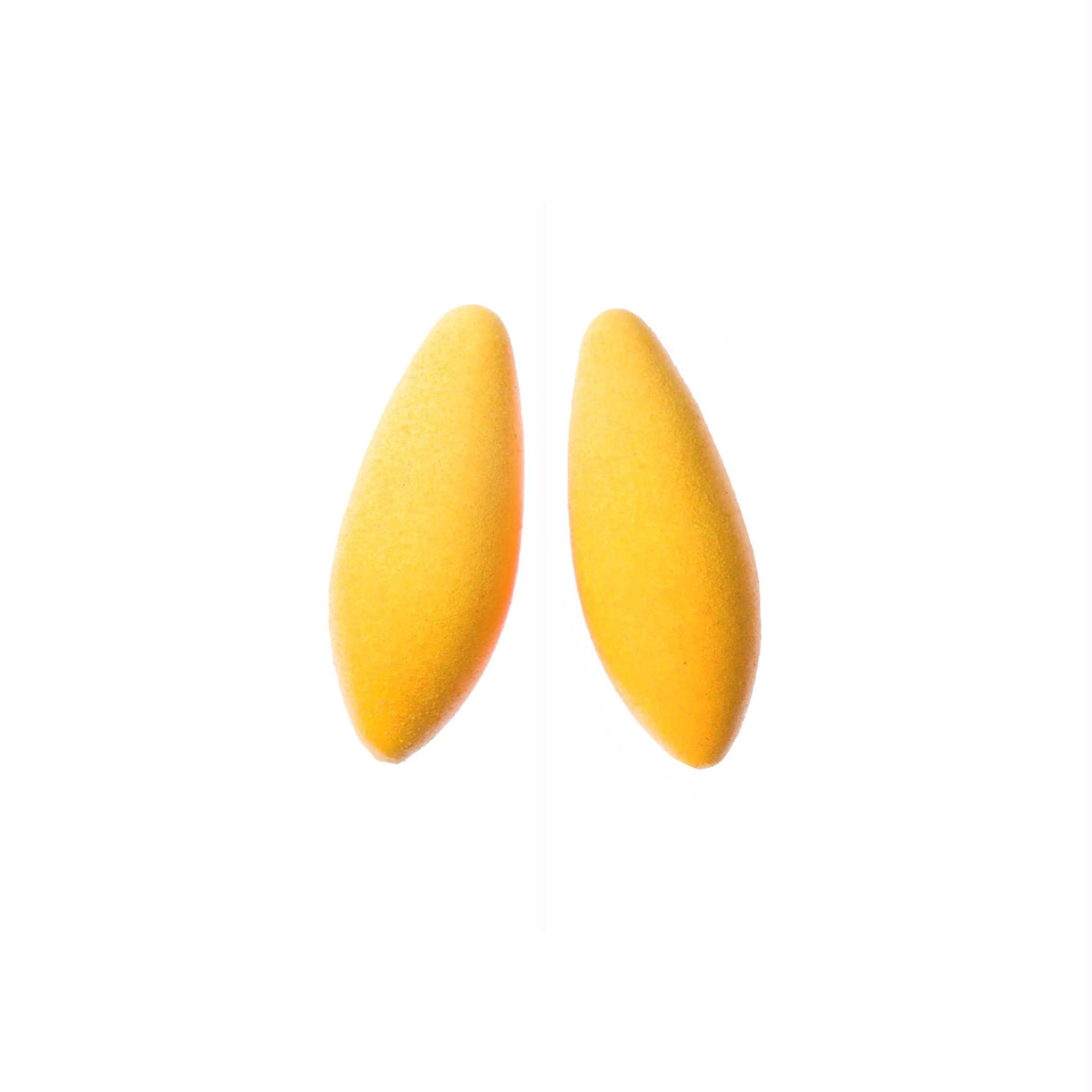 2. Studio shot of Tanel Veenre Mini Bananas Earrings in bright yellow with a unique velvety coating, made from wood and silver, shown on a white background.