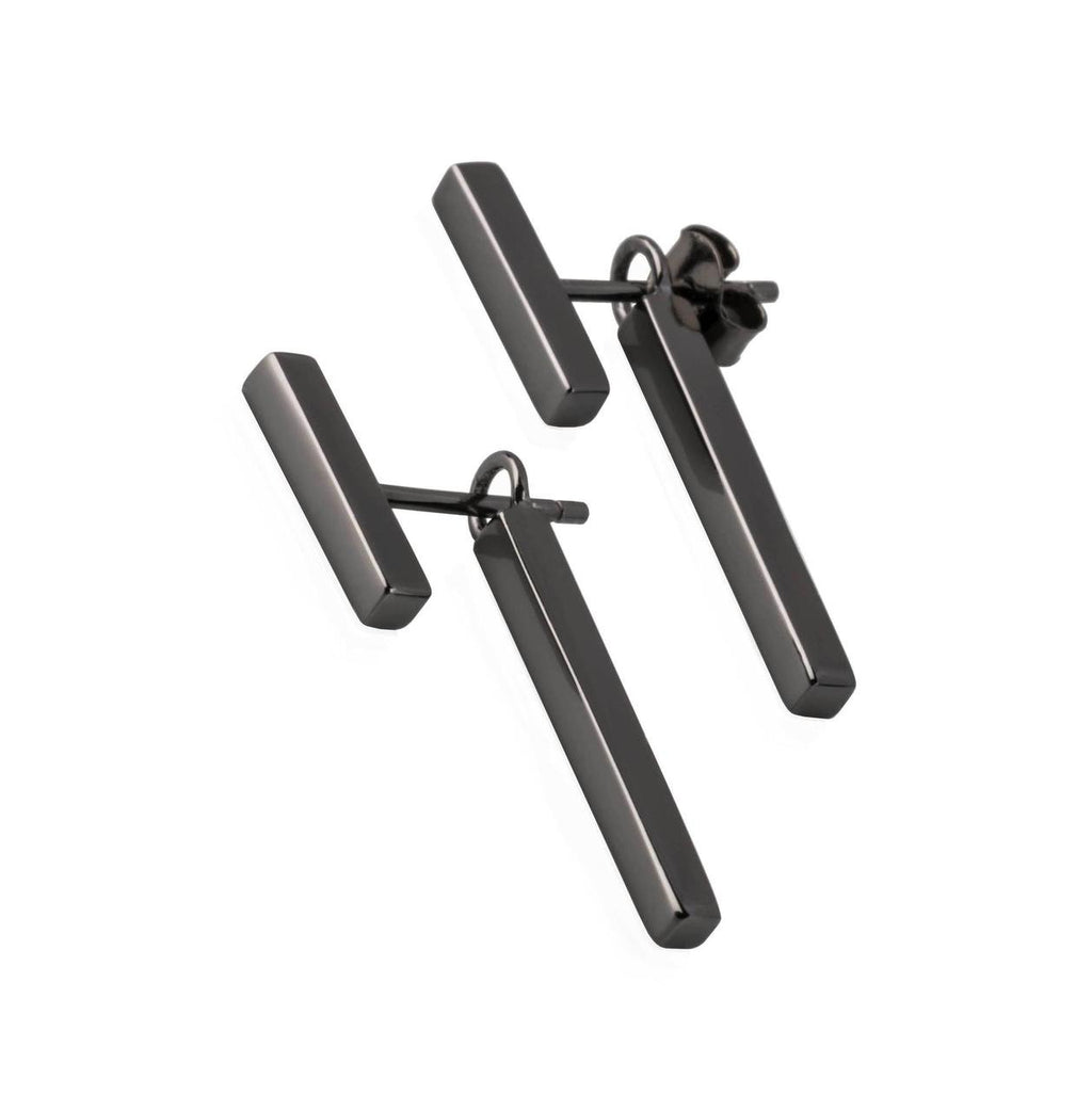 3. MyaMoon T-Bar Earrings in black plating, versatile two-in-one design, studio shot