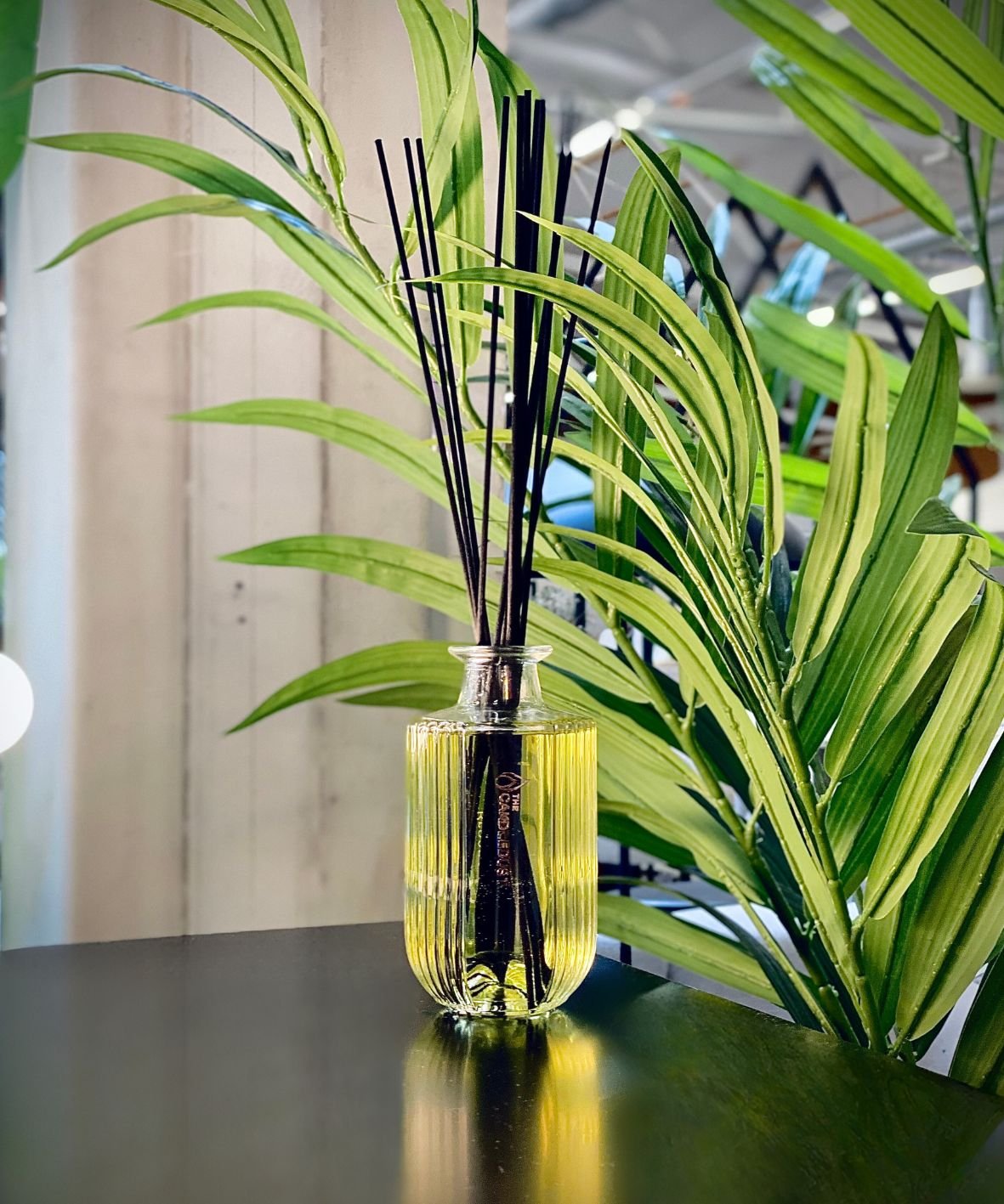 13. Candledust Breeze diffuser with black reeds placed next to lush green plant