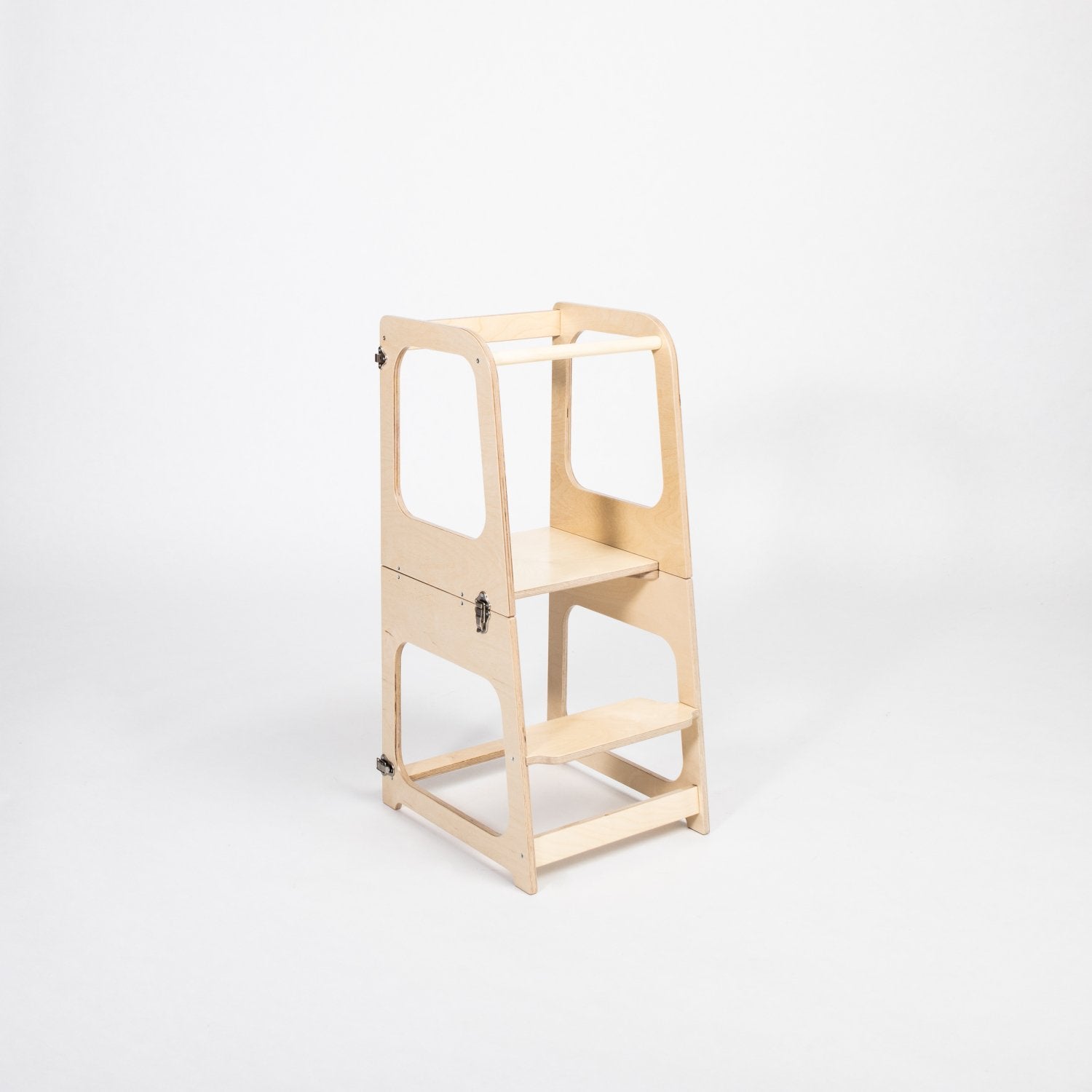 11. Natural wood transformable kitchen tower in step stool configuration on white background