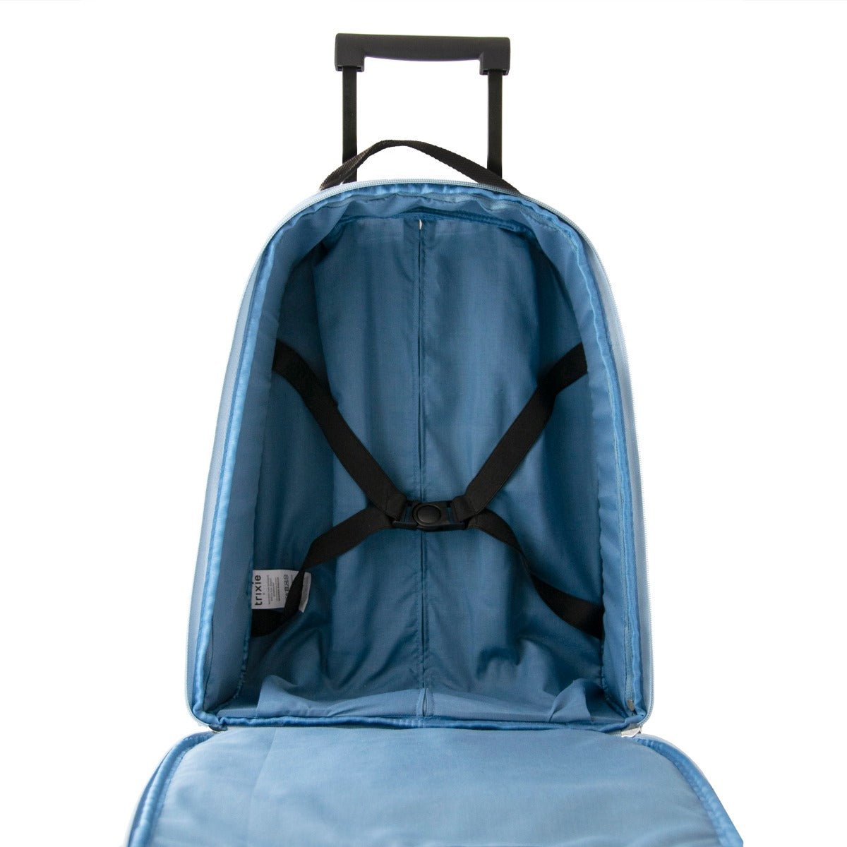 4. Interior view of Trixie Baby Mr Elephant travel trolley with blue lining and buckle straps