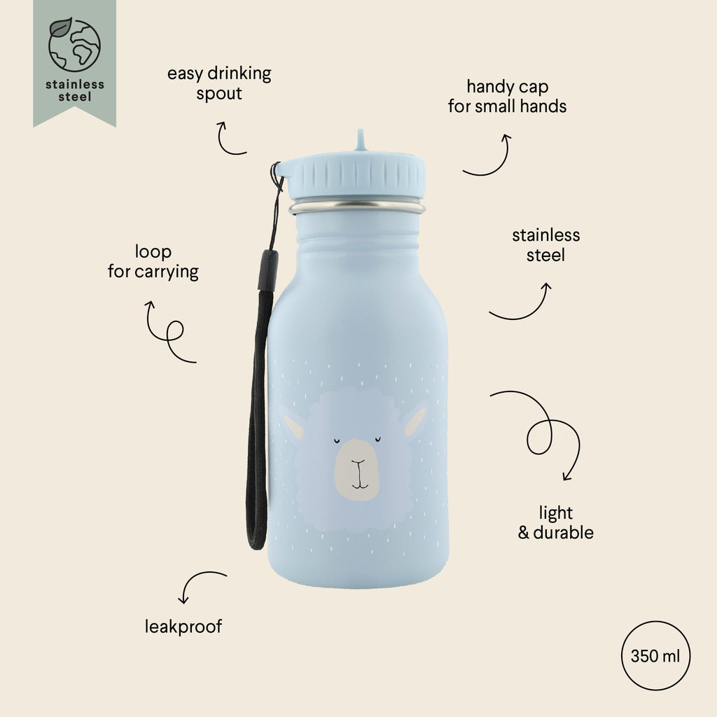 4. Light blue stainless steel bottle with alpaca design and labeled features on beige background