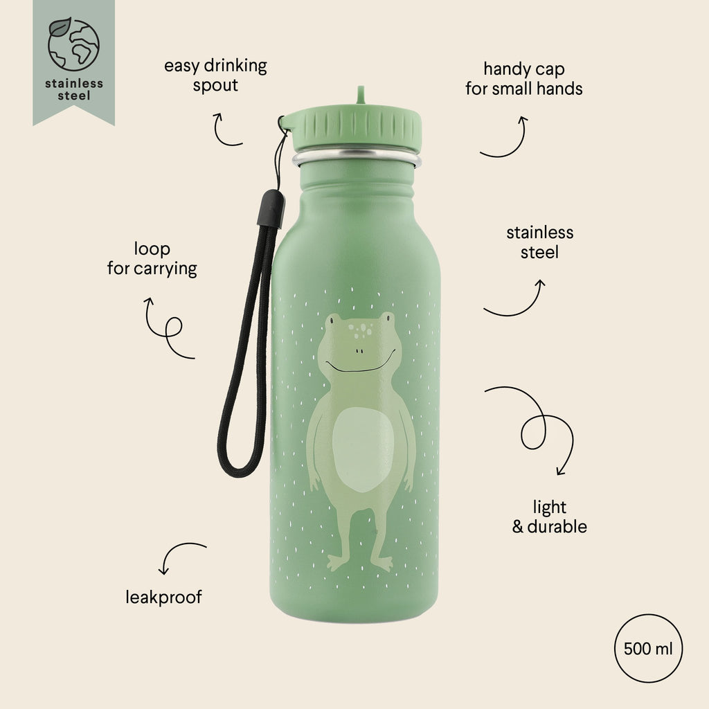 2. Green stainless steel bottle with frog illustration and labeled features on beige background