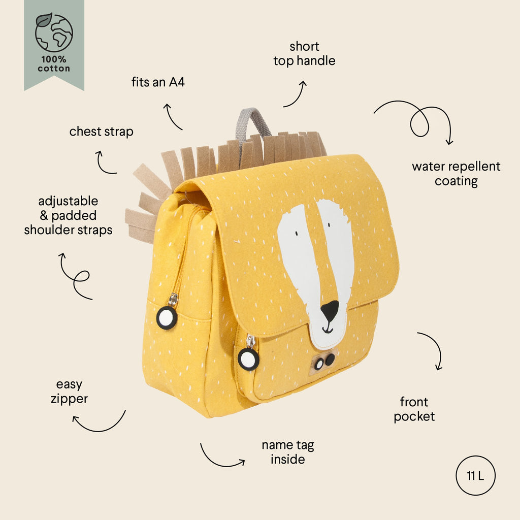 3. Trixie Baby Mr Lion school bag with features labeled including adjustable straps, chest strap, and water repellent coating