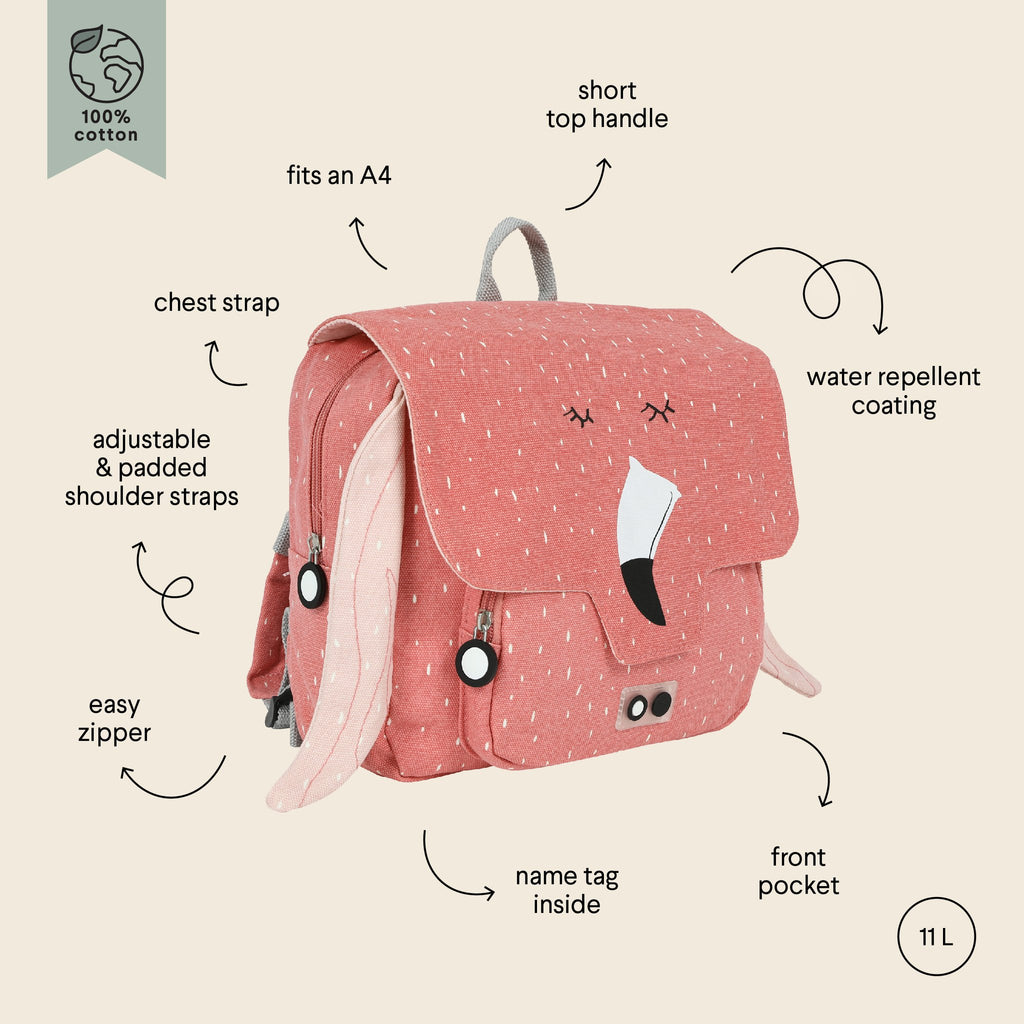 1. Pink children's school bag with flamingo design, featuring adjustable shoulder straps, chest strap, and front pocket, on a beige background with labeled features