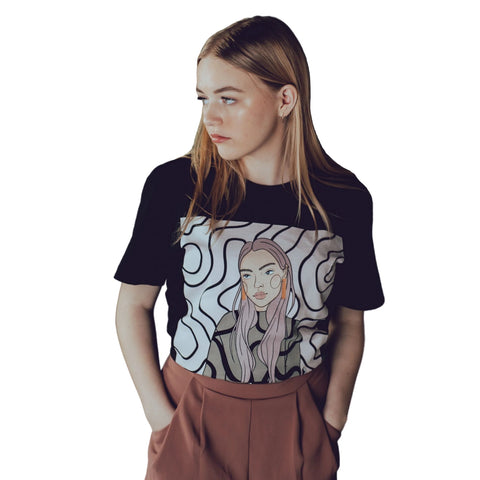 1. Unisex black organic cotton T-shirt with Getter Tiivits illustration worn by female model