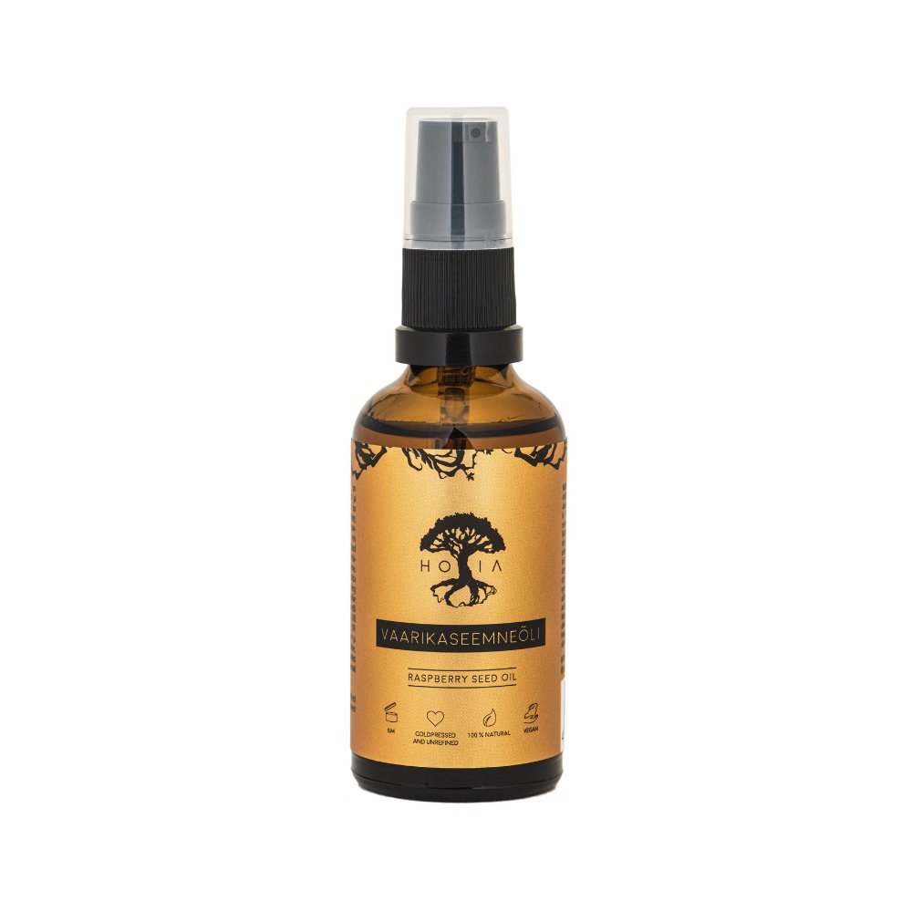 2. Studio shot of HOIA homespa Raspberry Seed Oil bottle, showcasing product label and packaging