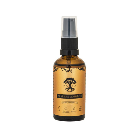 2. Studio shot of HOIA homespa Raspberry Seed Oil bottle, showcasing product label and packaging