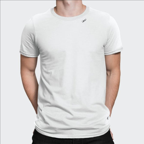 2. Close-up of white organic cotton T-shirt by Beebila, highlighting embroidered collar detail
