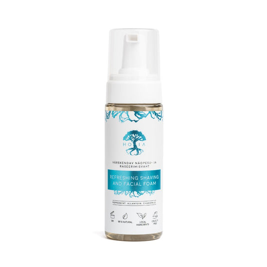 2. Studio shot of HOIA homespa refreshing shaving and facial foam, highlighting peppermint and chamomile ingredients