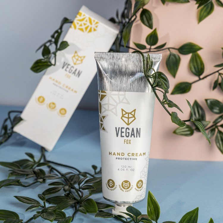 1. Vegan Fox Protective Hand Cream with mango butter, 120 ml, surrounded by colorful flowers