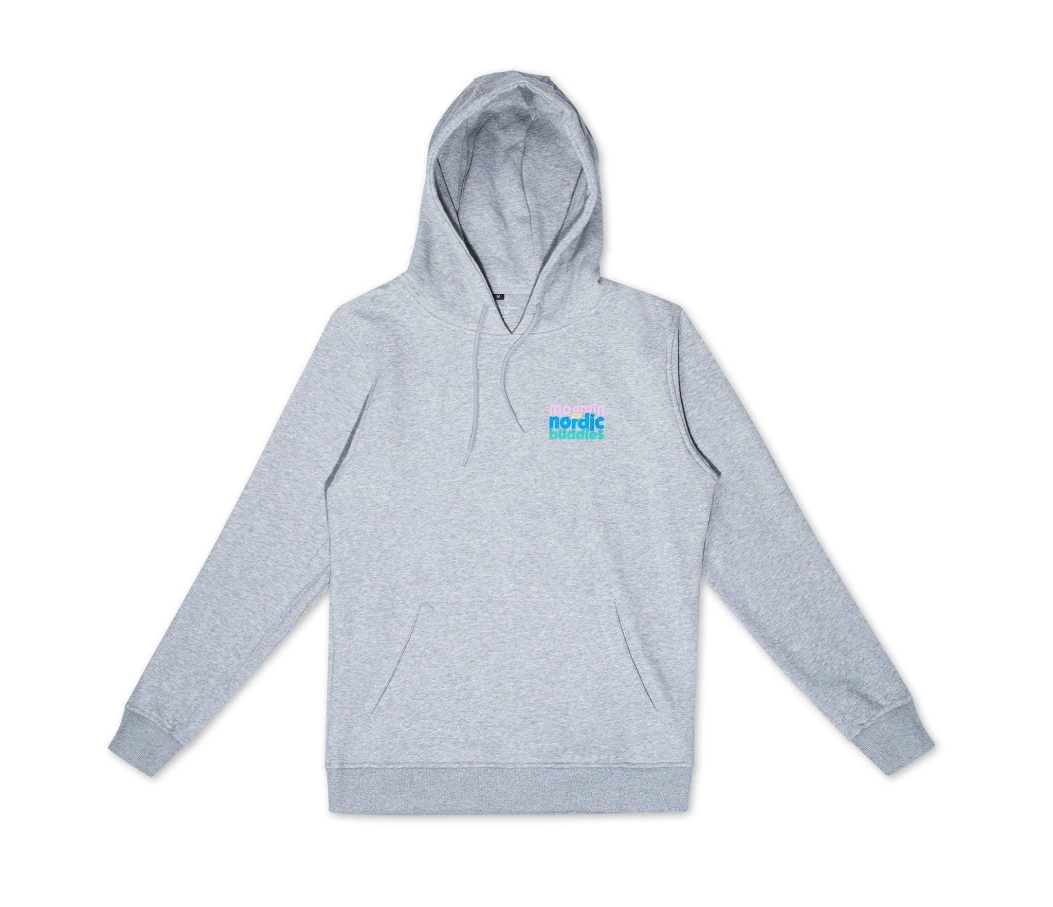 4. Studio shot of grey Moomin by NordicBuddies unisex hoodie, front view with logo