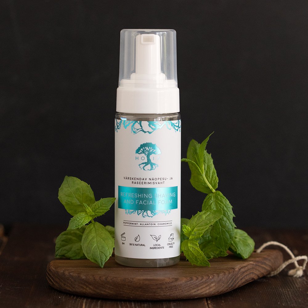 4. HOIA homespa refreshing shaving and facial foam with peppermint leaves, emphasizing natural ingredients