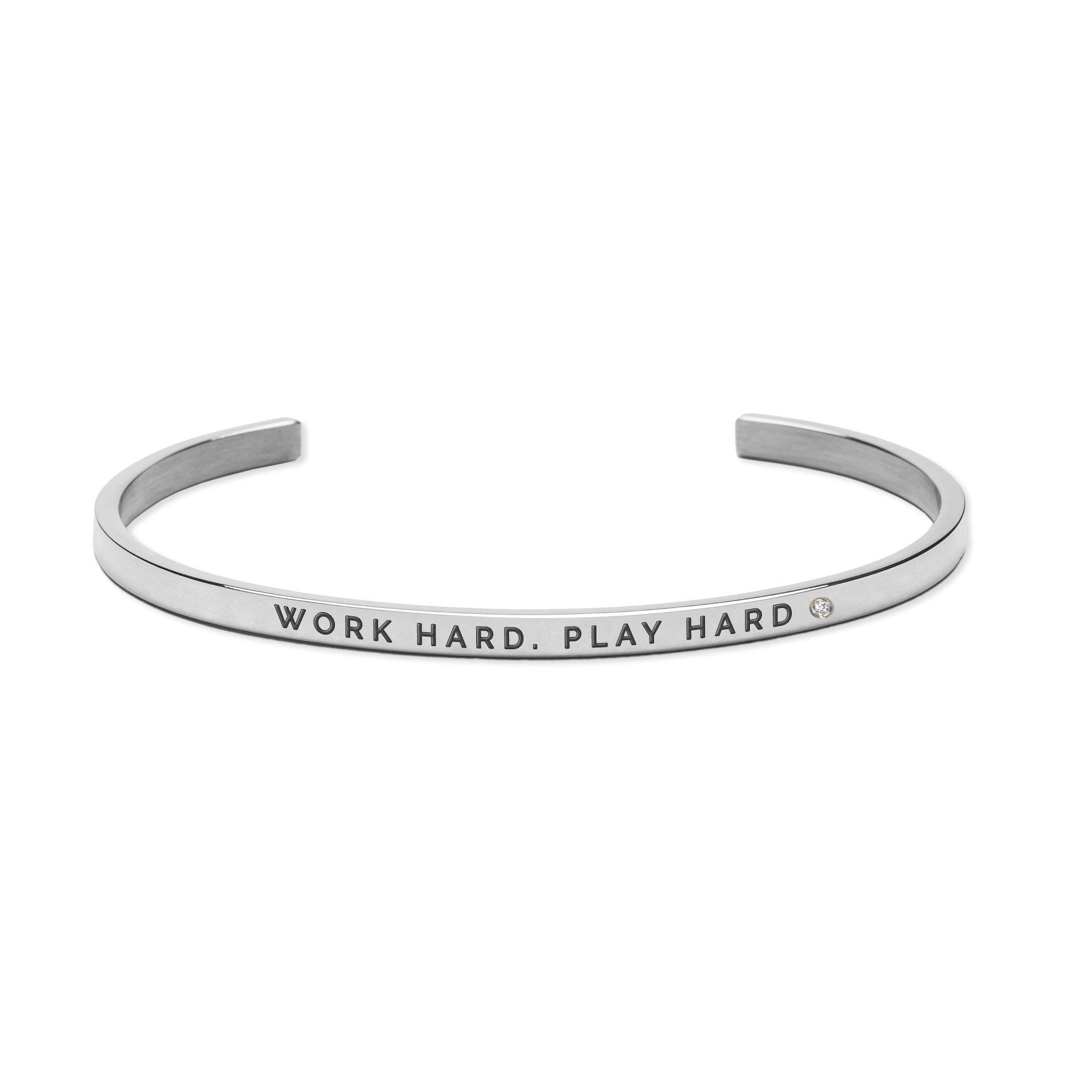 2. Silver Olla 'Work Hard. Play Hard' bracelet in polished stainless steel with engraved message
