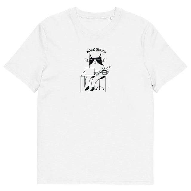 1. Unisex Work Sucks T-Shirt by HILP featuring Grumpy Cat graphic on white organic cotton