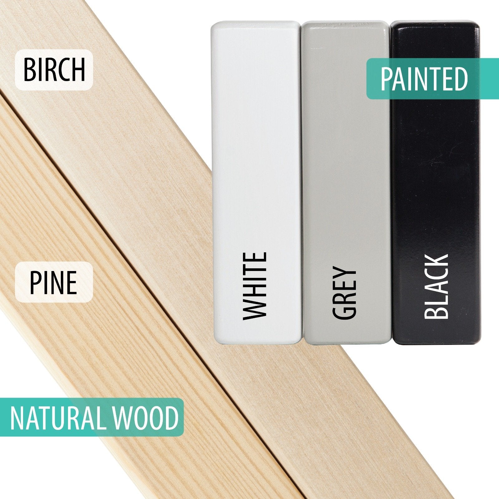 4. Color swatches for house-shaped clothing rack showing birch, pine, white, grey, and black options
