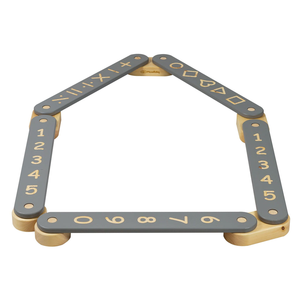 1. Wooden balance beam with black surface featuring numbers and geometric shapes, arranged in a pentagon shape
